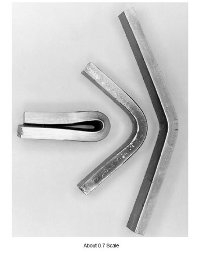 RA333 1/2 inch (12.7 mm) plate, formed with different edge preparations.

Left - Sheared edge ground. Bent 180° flat on itself, no cracks.

Middle - Shear burr removed. Bend 90° before cracking.

Right - As sheared, burr up.  Cracked at 40° bend angle.